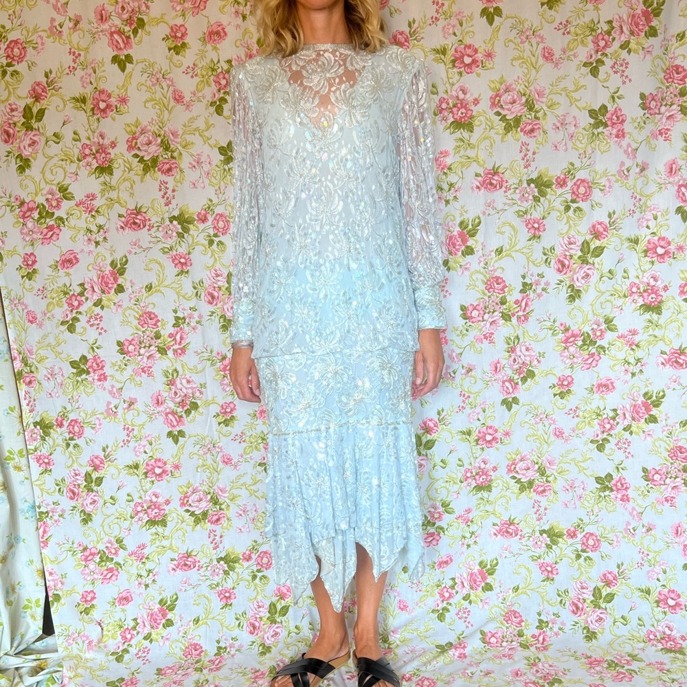 Baby blue with silver bearing Judith Ann Creations dropped waist dress medium